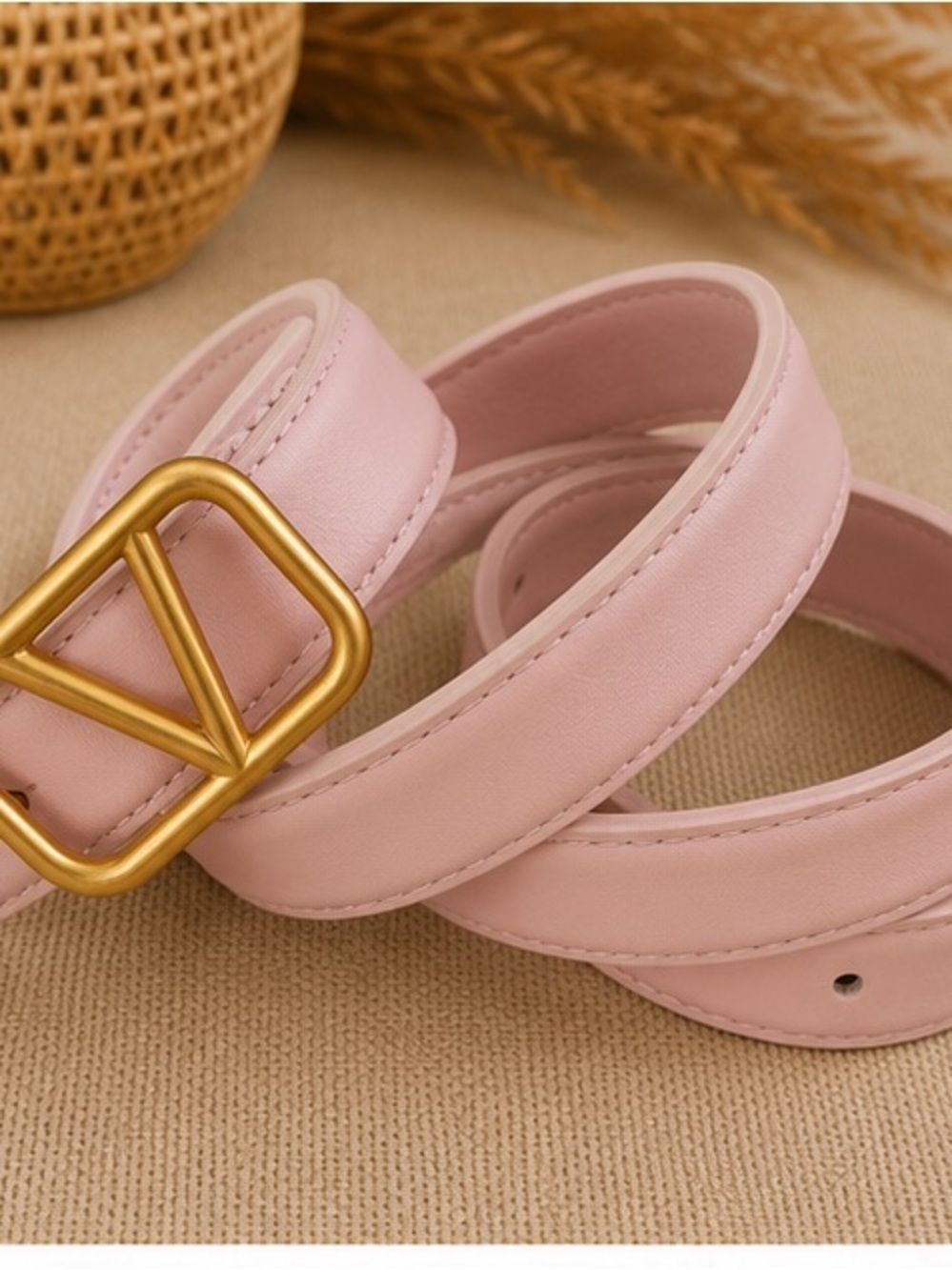 Designer Inspired Blush Pink Leather Belt | Gold Monogram Buckle | Boho Chic 43”